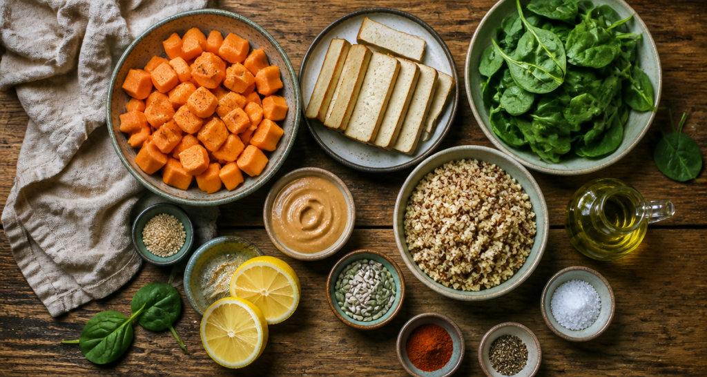 Ingrédients patate douce proteine sur table rustique