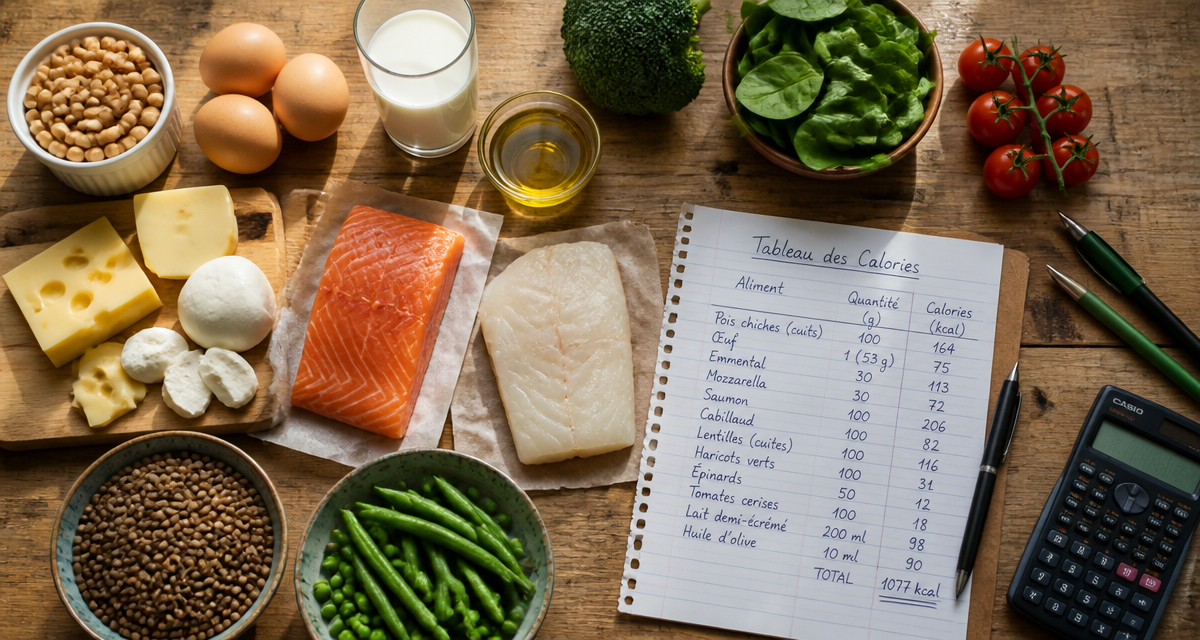 tableau des calories des aliments sur plan de travail