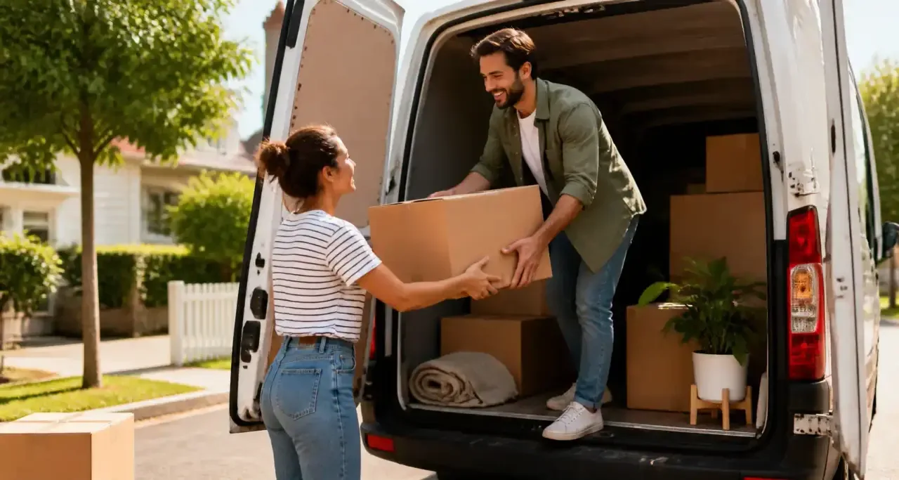 Un couple charge des cartons dans un fourgon de déménagement en pleine journée
