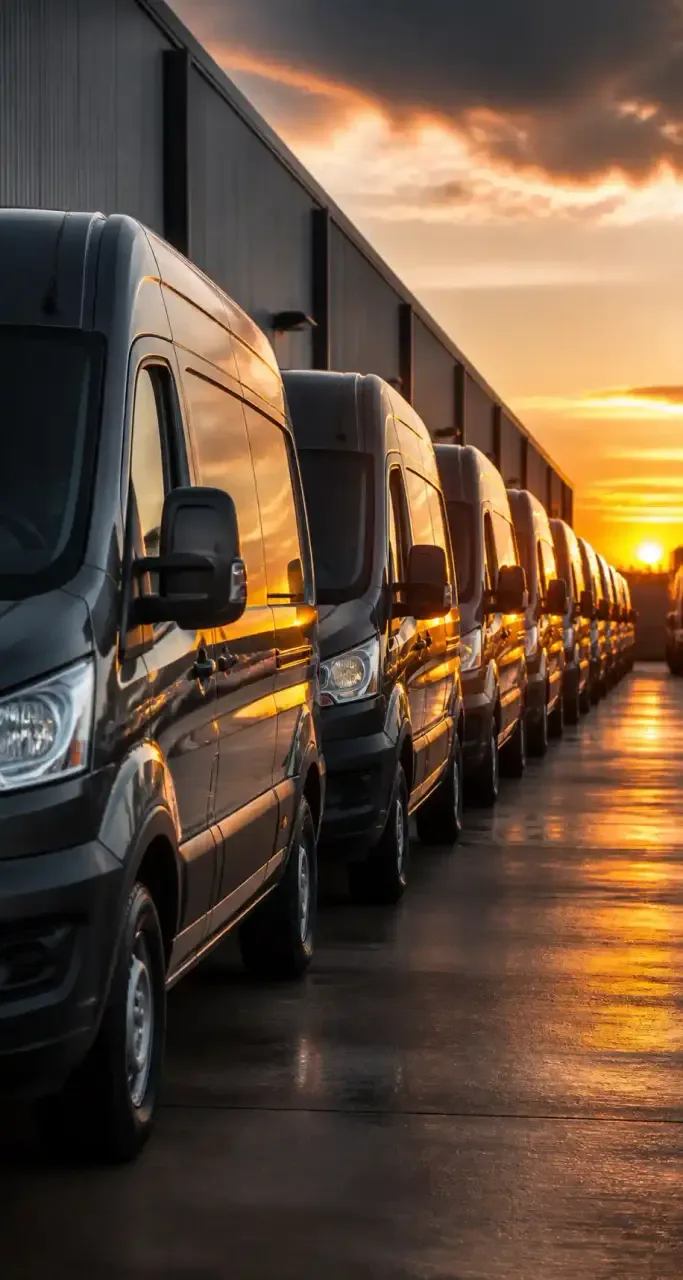 Flotte de camionnettes utilitaires dans un dépôt logistique au coucher du soleil