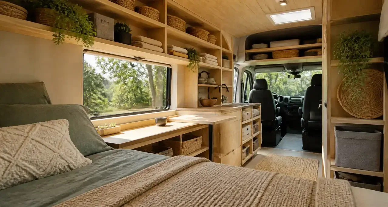 Intérieur de cabine de fourgon aménagé avec des rangements modulaires