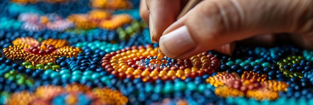 Mano creando arte con cuentas coloridas