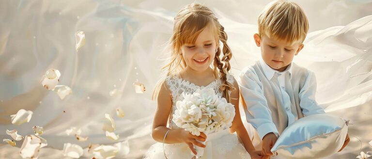 Niños en boda con flores y cojín