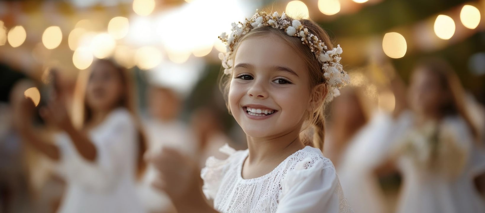 Niña sonriente con corona de flores en fiesta