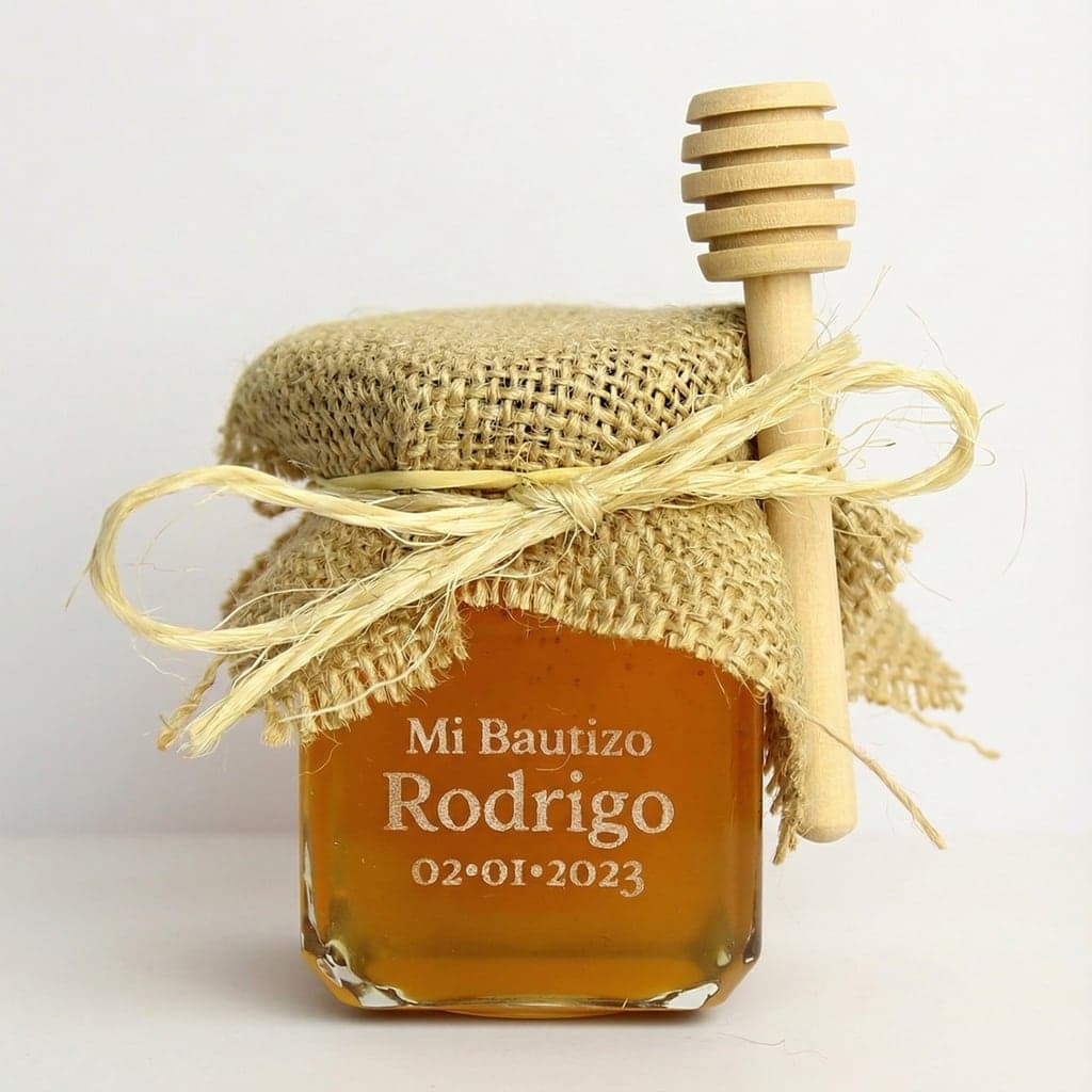 Tarro de miel decorado para bautizo