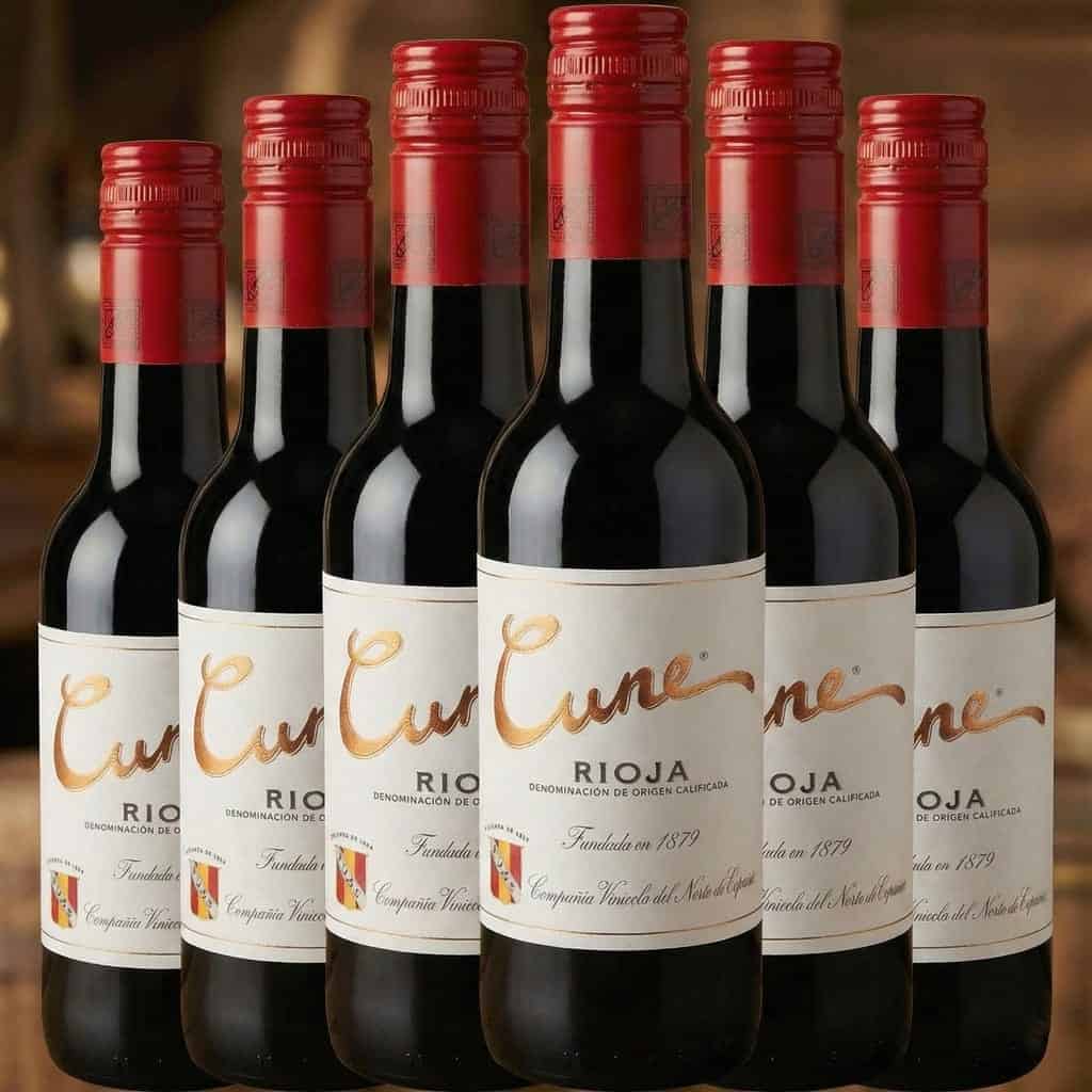 Botellas de vino tinto Rioja Cune con etiqueta blanca