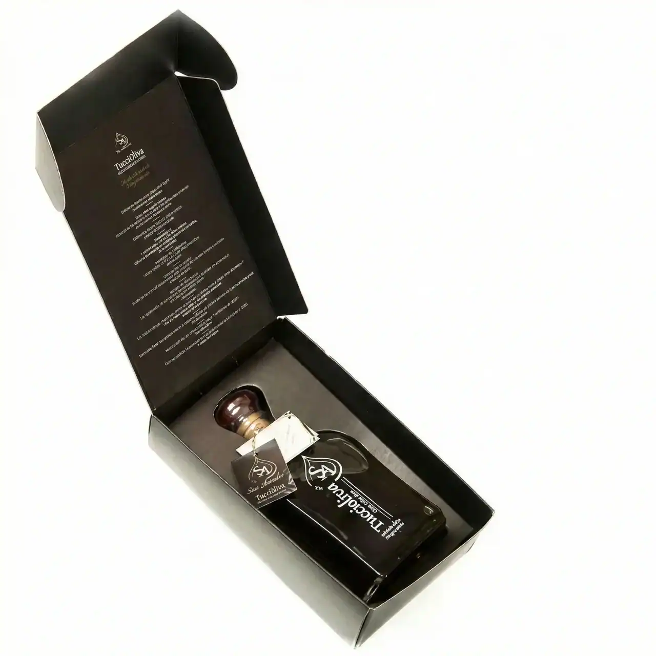 Bottle of Tuccioliva extra virgin olive oil in box