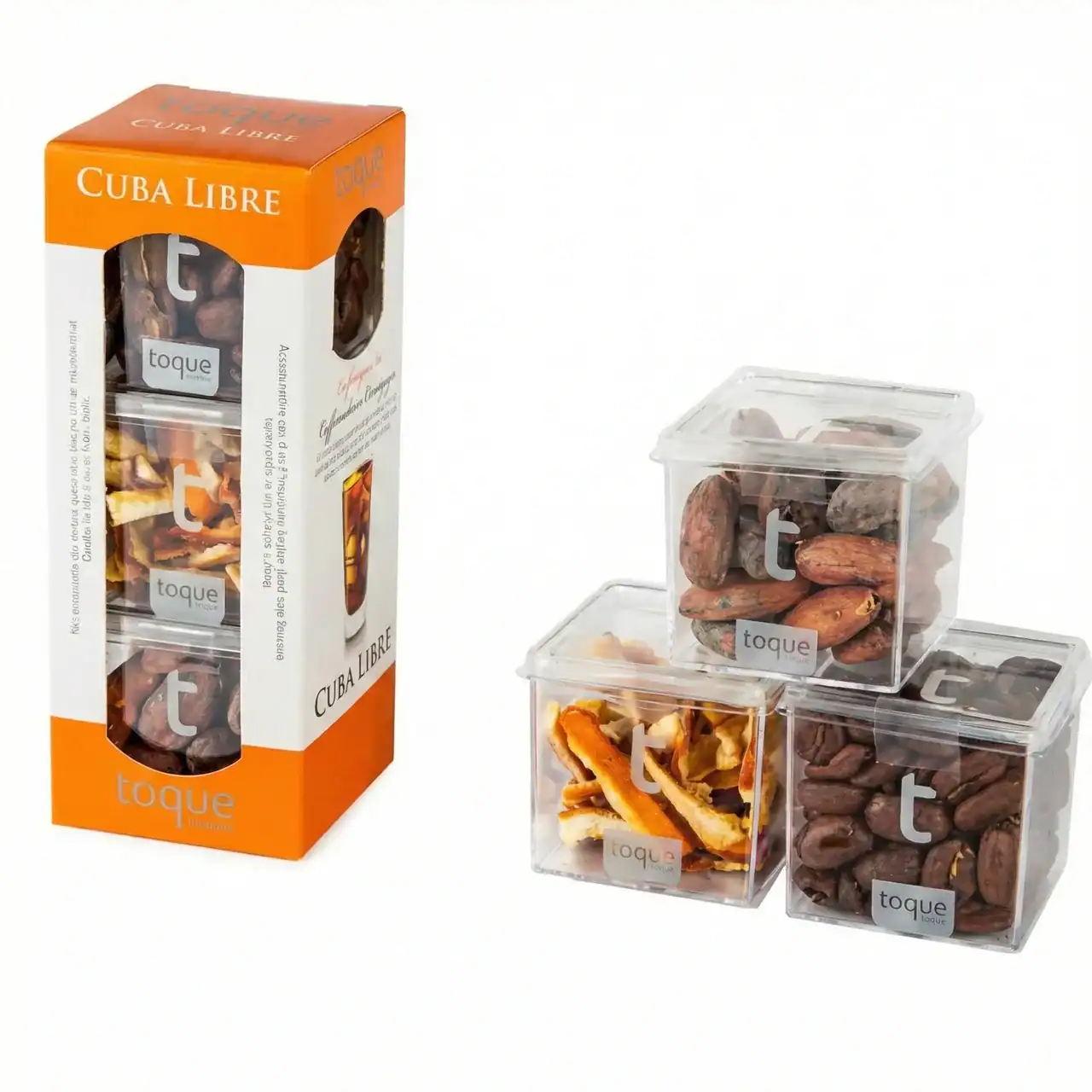 Caja y contenedores de snacks Cuba Libre de Toque, incluyendo cacahuetes, patatas fritas y champiñones.