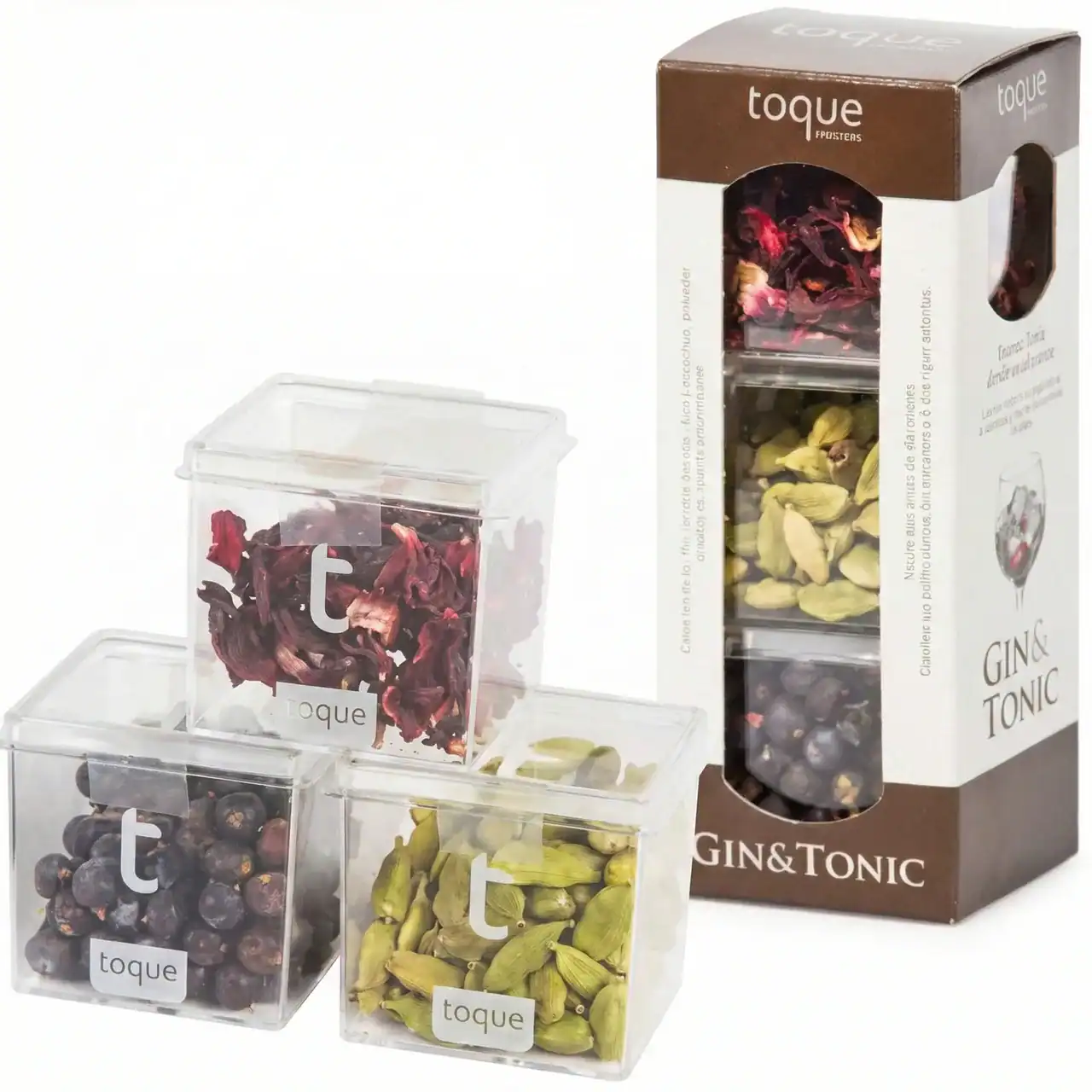 Juego de especias para gin tonic en cajas transparentes.