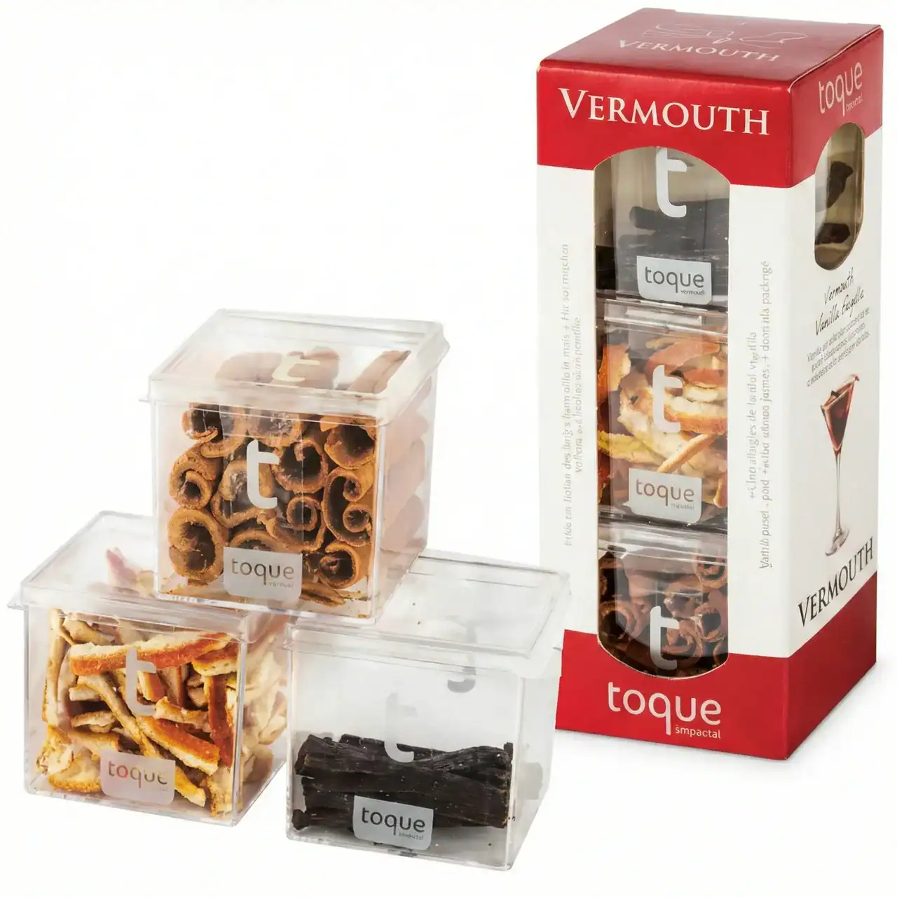 Cajas de snacks y vermut Toque en exposición