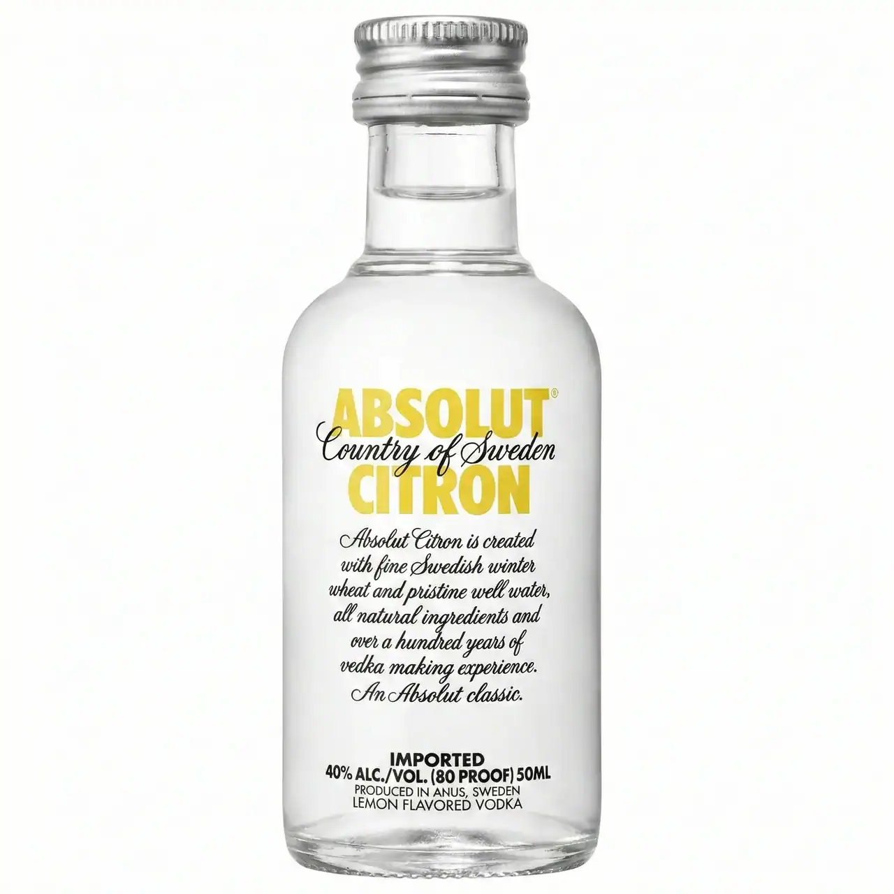 Botella de Absolut Citron, vodka de limón sueco, 50 ml