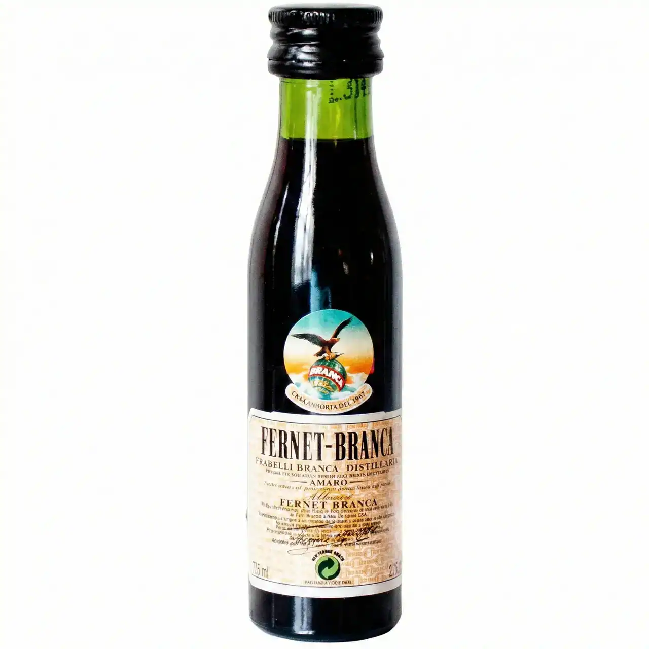 Botella de licor Fernet-Branca, 750 ml, con etiqueta de diseño vintage.