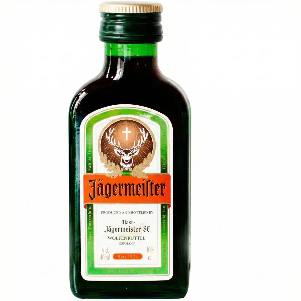 Botella Jägermeister, bebida alcohólica, 40 ml, 16% vol.