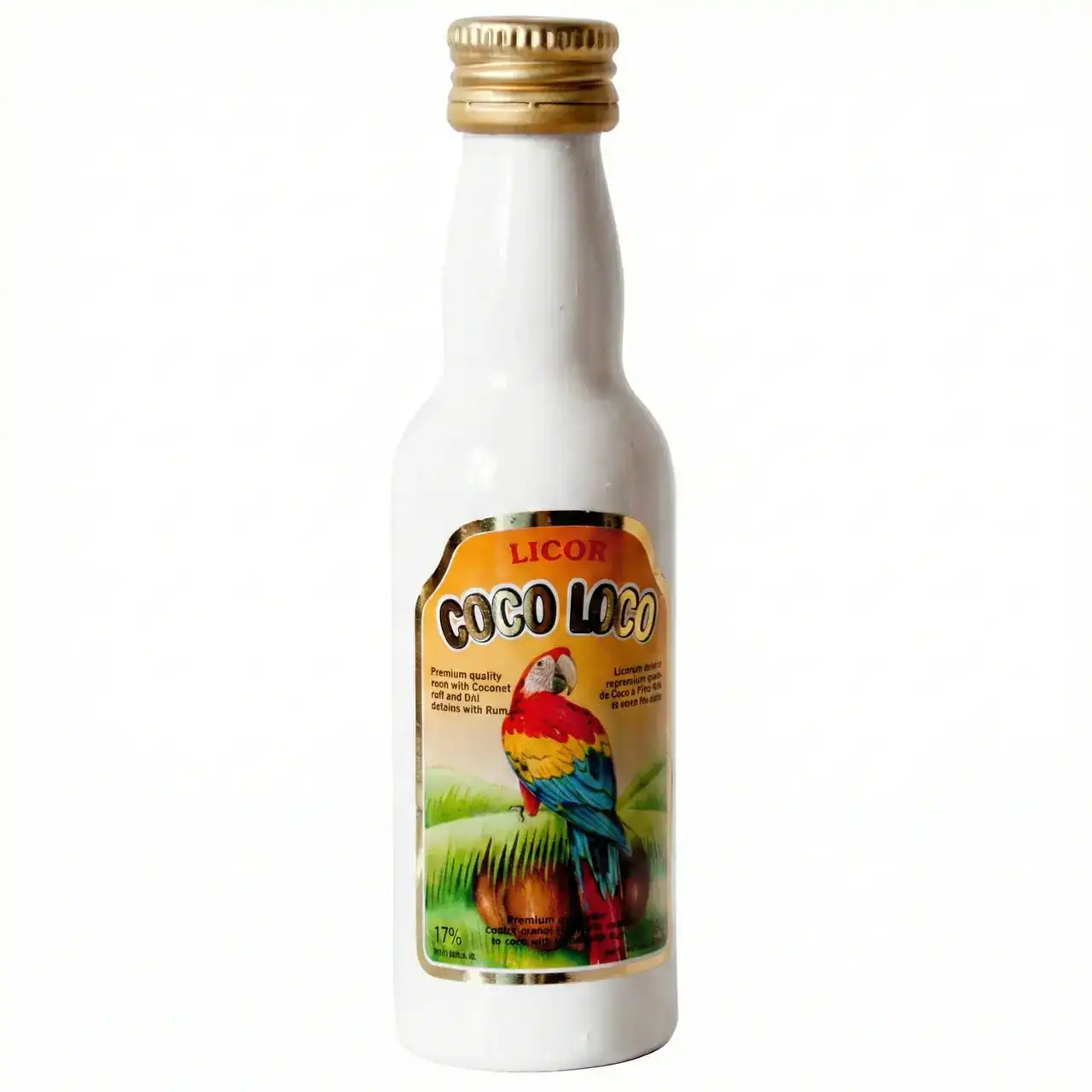 Botella de licor de coco con parrot en la etiqueta.