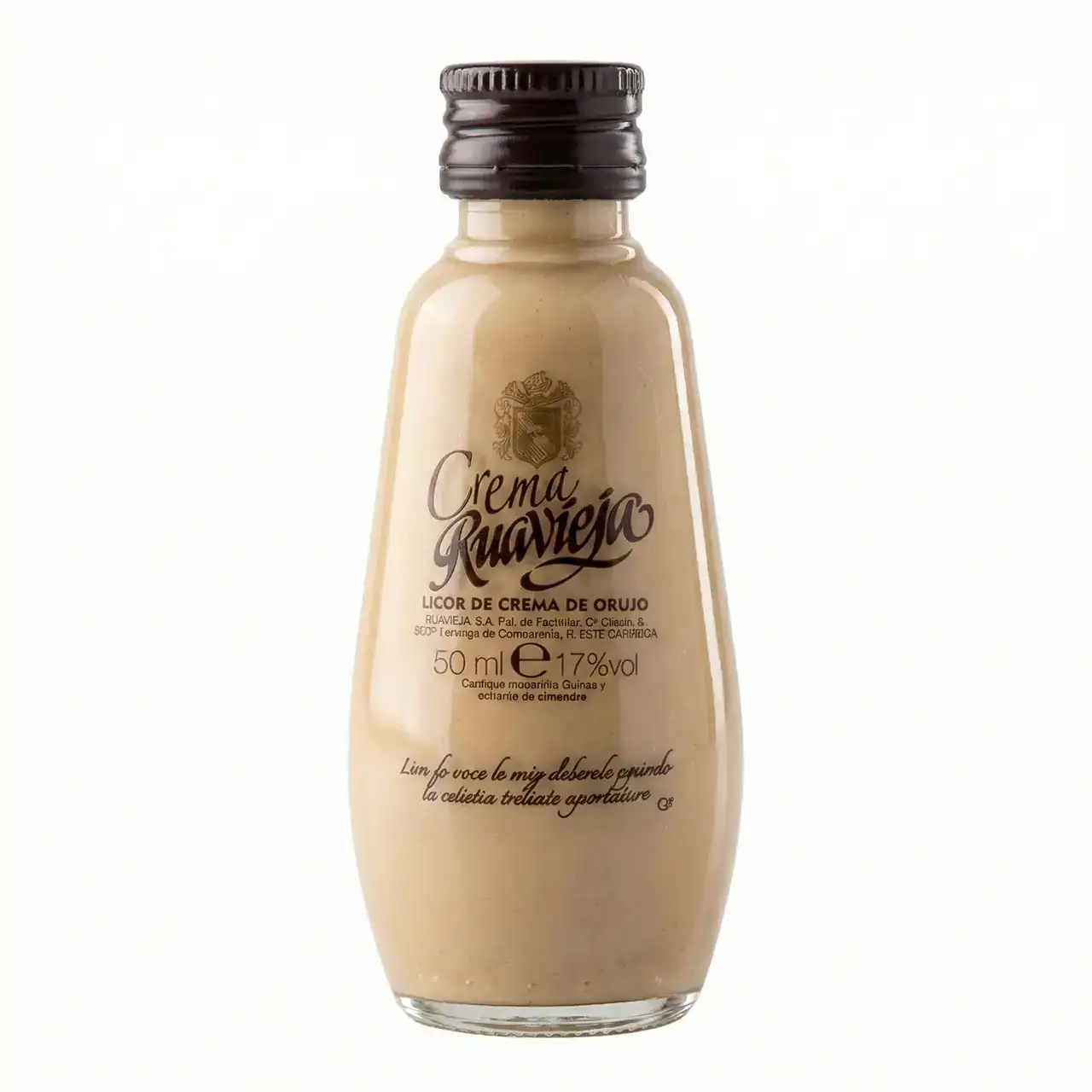 Botella de licor de crema de orujo Ruavieja de 50 ml