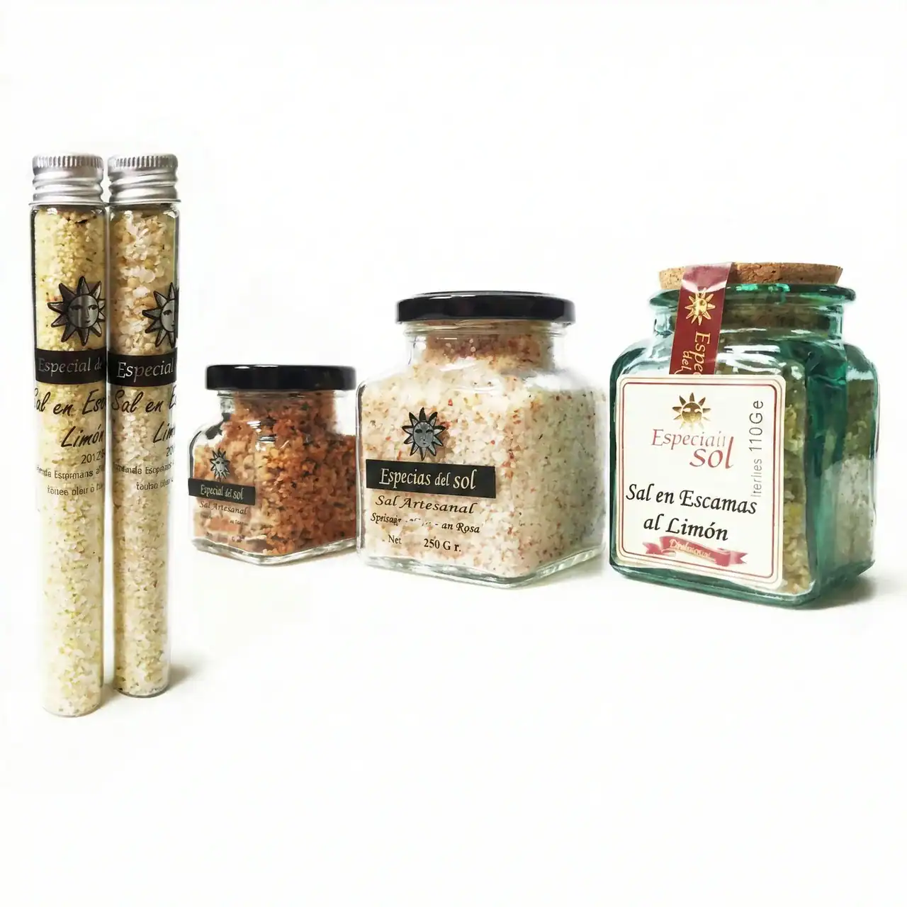 Tres frascos de sal artesanal en escamas al limón.