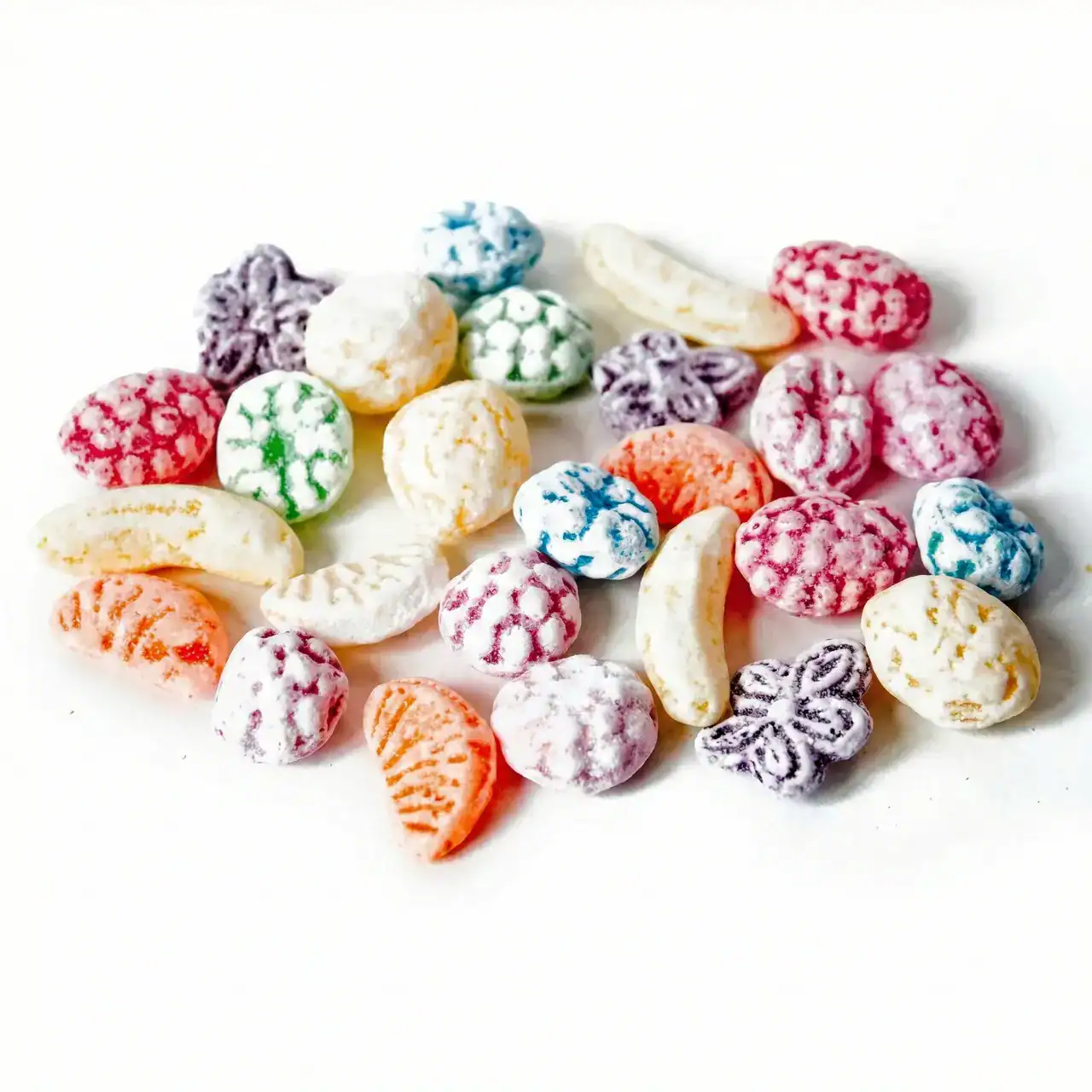 Diversos caramelos de colores y formas variadas.