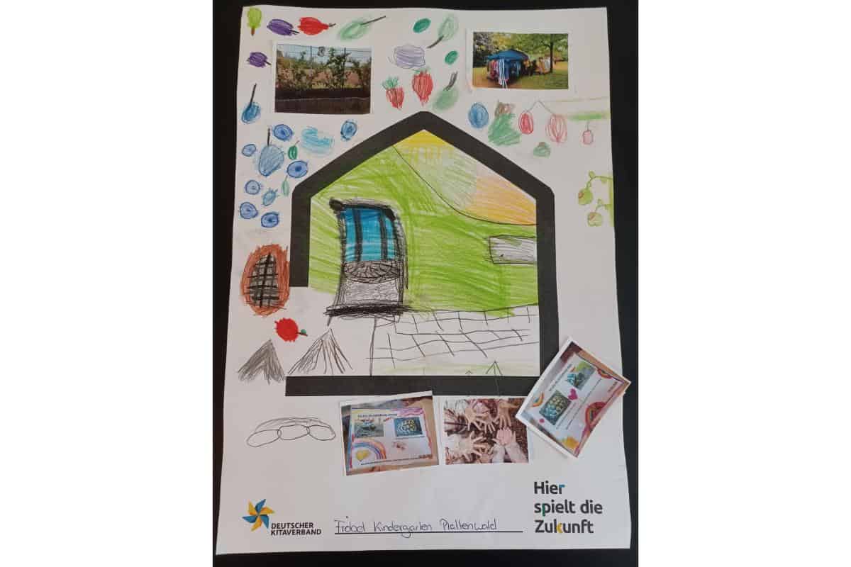 Haus aus Papier mit bunten Zeichnungen und Fotos, Kinderkunstprojekt.