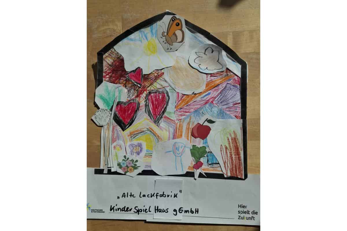 Buntes Kinderbild zum Thema "Alte Lackfabrik" mit Zeichnungen und Collagen.