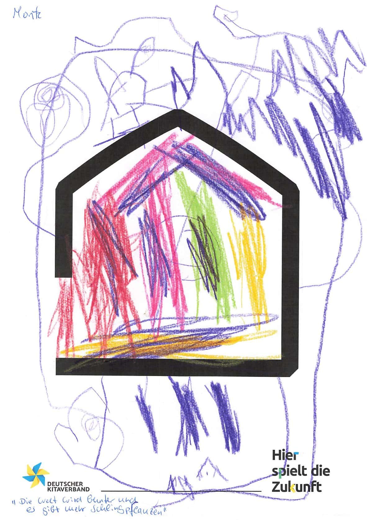 Bunte Kinderzeichnung eines Hauses für die Mitmachaktion.