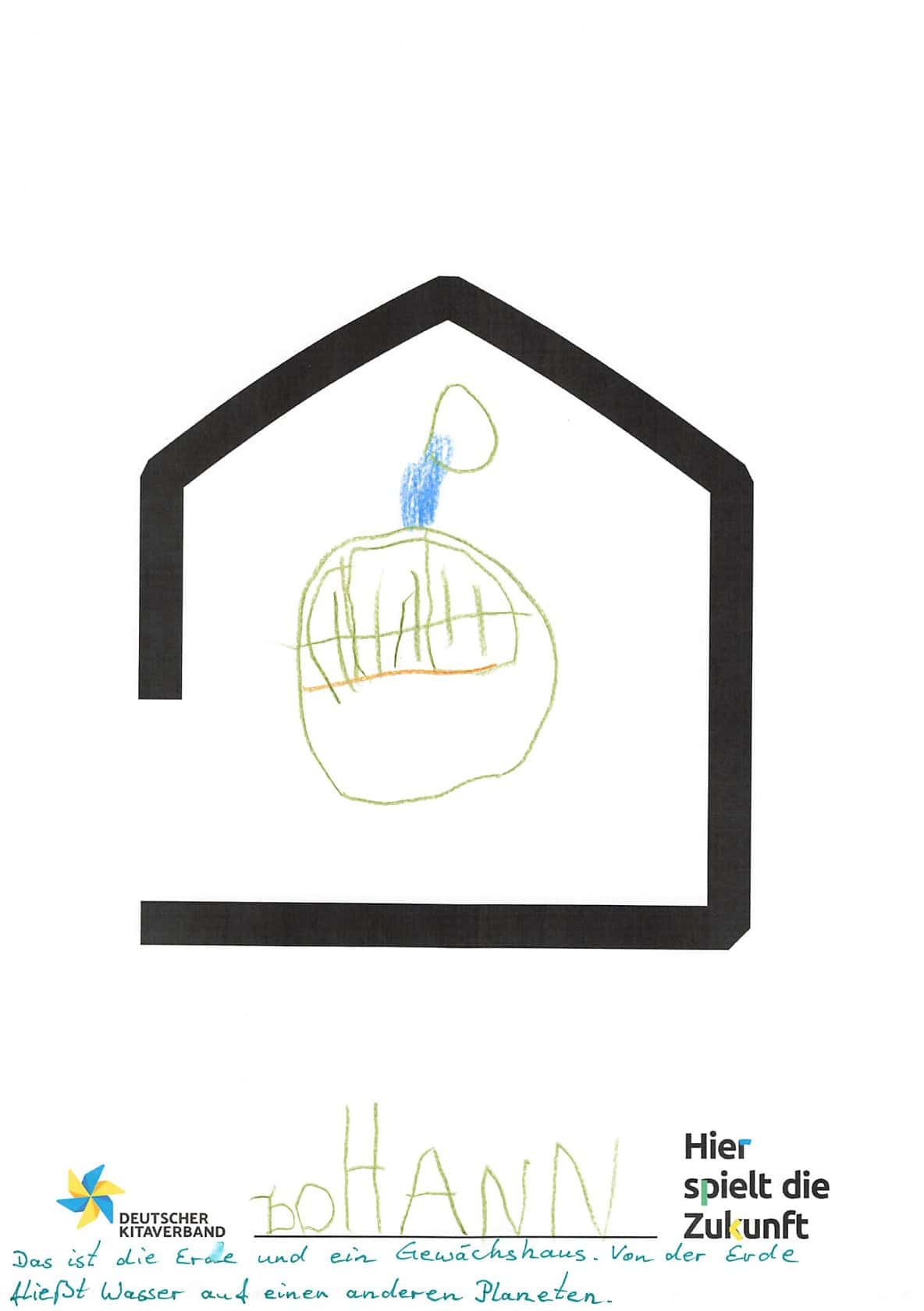 Kindliche Zeichnung eines Hauses mit Apfel und Kerze, symbolisiert Zukunft und Umwelt.