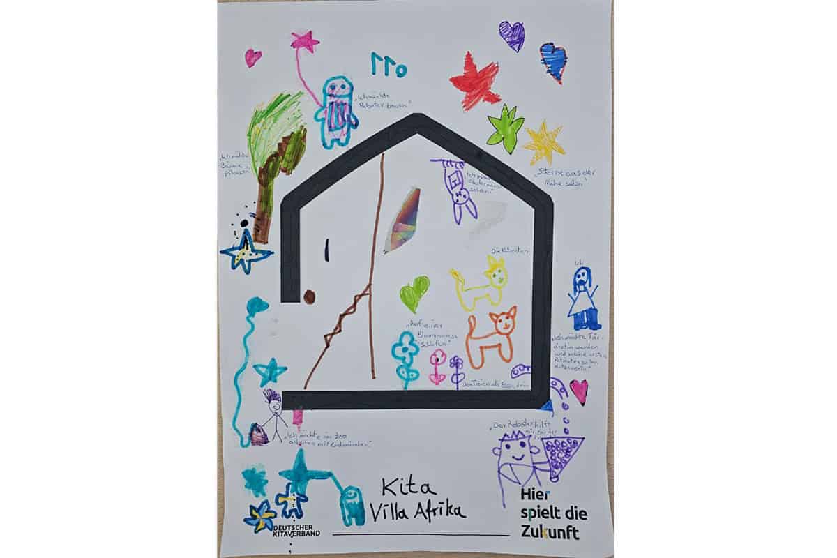 Buntes Kinderbild mit Zeichnungen eines Hauses, Tieren und Naturmotiven, gestaltet von Kindern der K.