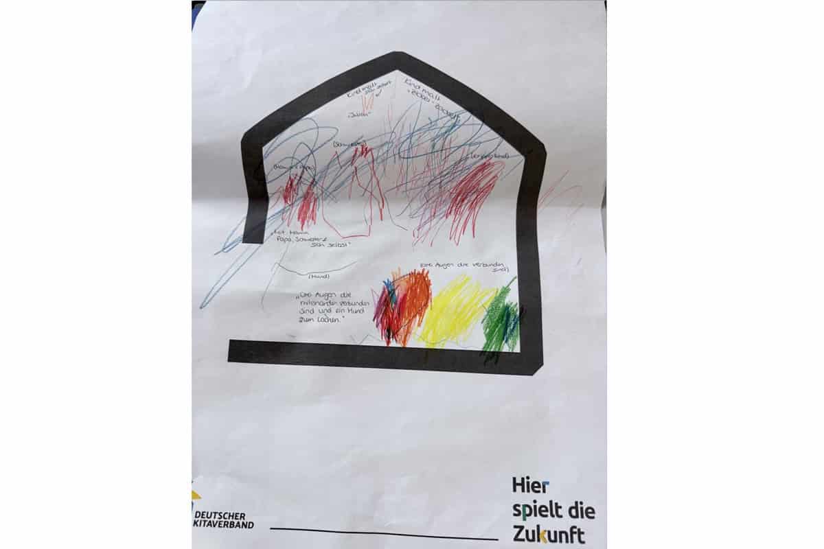 Kinderzeichnung eines Hauses mit bunten Farben und Texten, symbolisiert Kreativität und Zukunftsvisi.