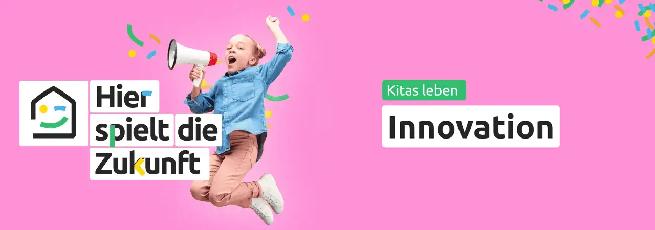 Kinder mit Megafon, Symbol für Kinderrechte und Innovation im Kita-Bereich.