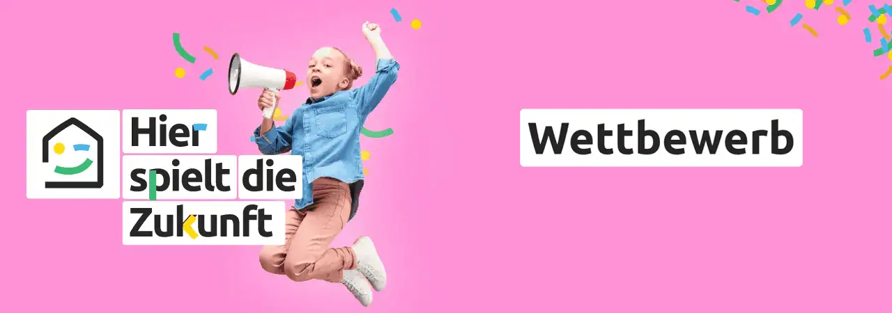 Junge Kinder mit Megafon, die für die Zukunft des Kindertagesstätten-Wettbewerbs werben.