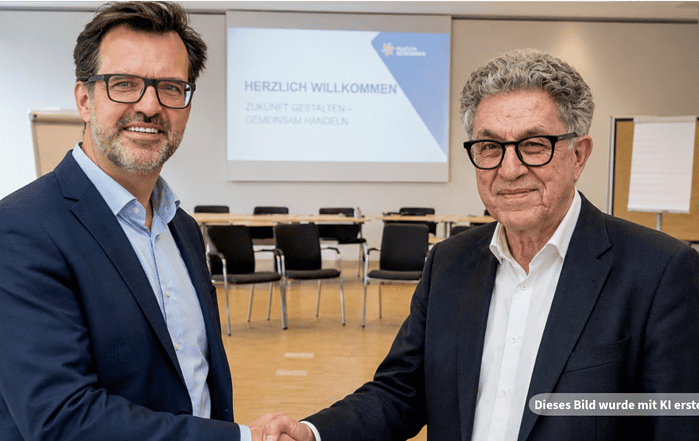 Zwei Männer beim Händeschütteln bei einem offiziellen Treffen im Konferenzraum.