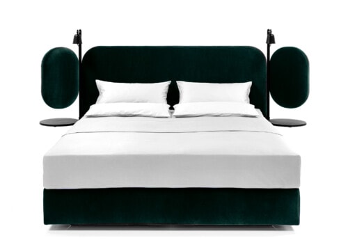 Wittmann Wings Bed in British Green Upholstery. King size with included side tables and lights.