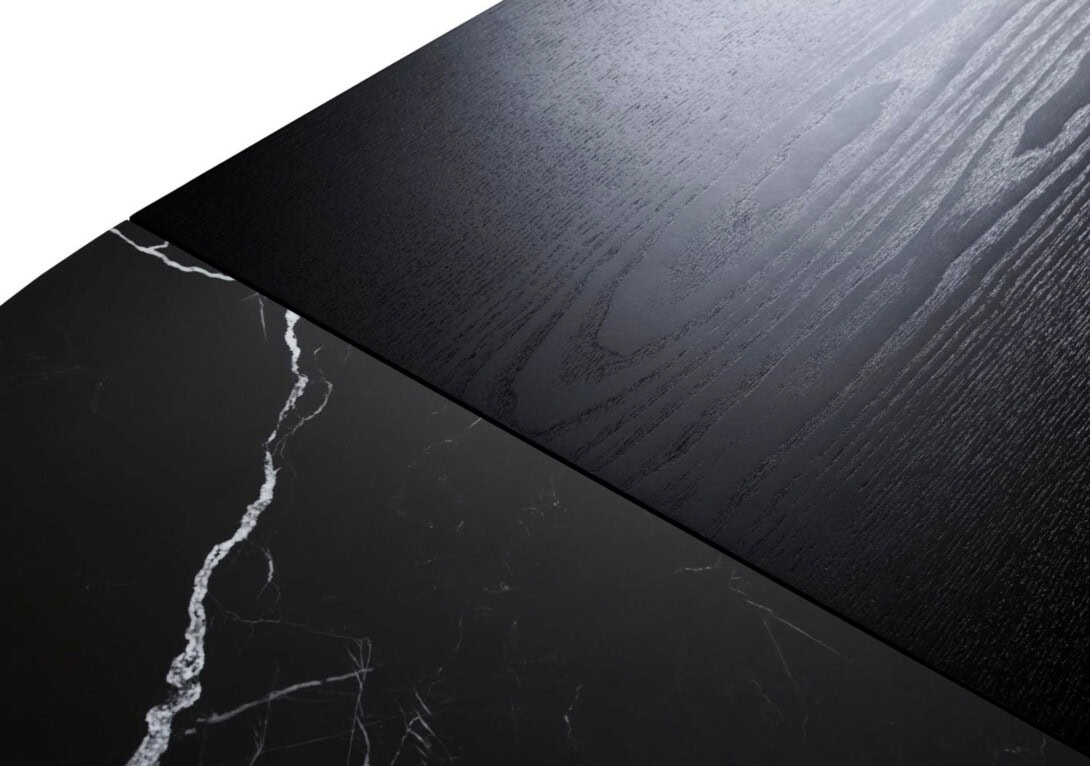 Ligne Roset Ava Extendable Dining Table: Nero Marquinia Marble and Black Stained Ash Insert with Black Lacquered Base