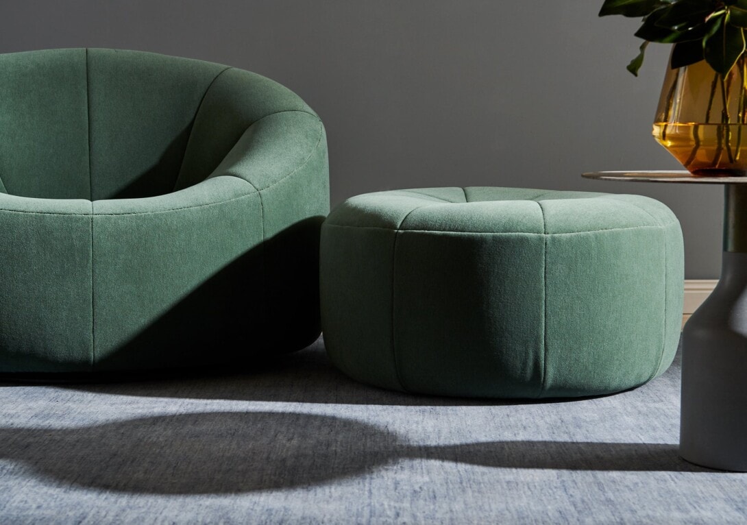 Ligne Roset: Pumpkin Armchair and Footstool. Featuring Hali Rug. Credit: Bea Lambos, Joy Design, Cricket Studio