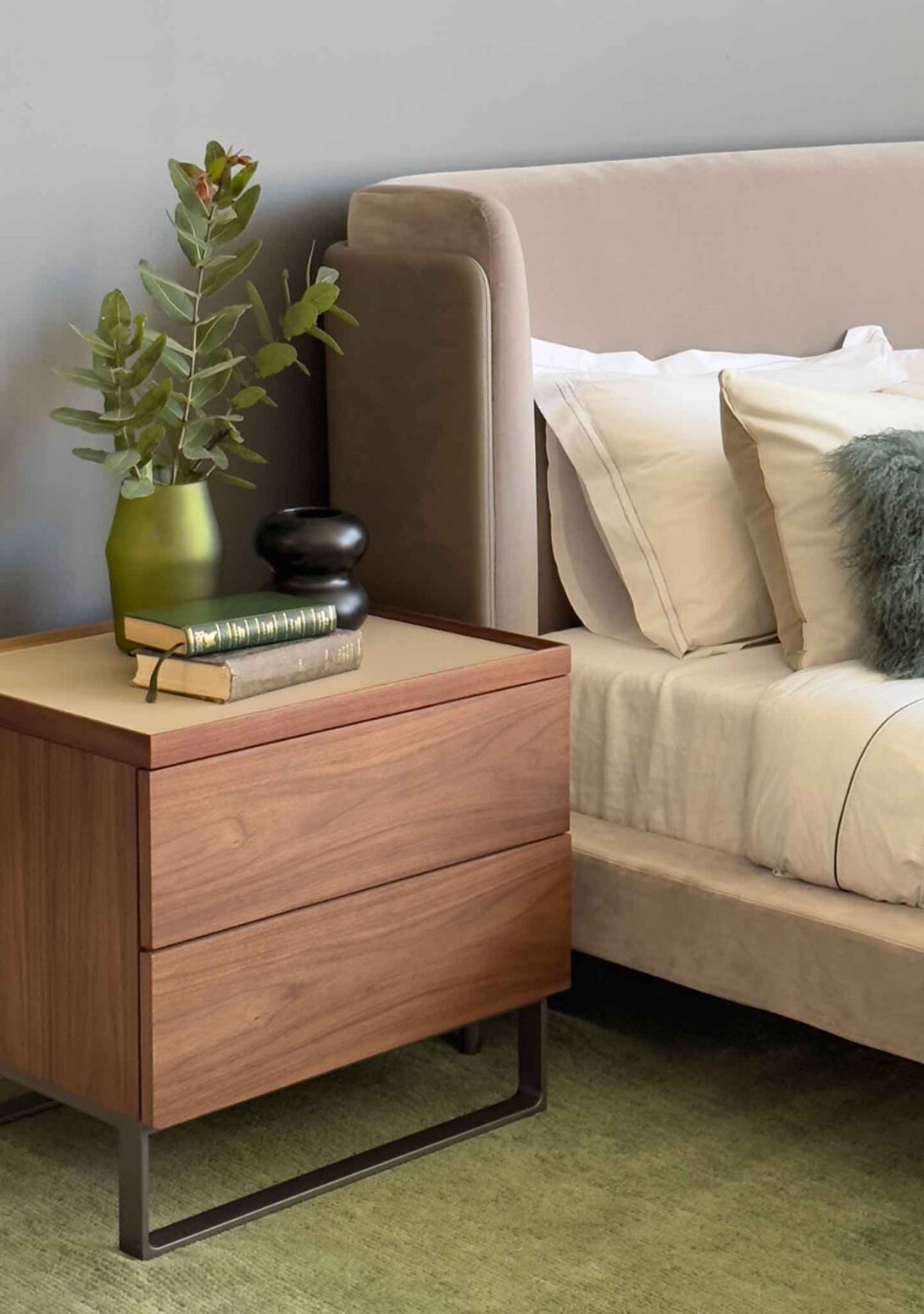 Rita Bedside Table 2 Drawer HC28 Cosmo Walnut Suave 05 Leather Top Barry Bed
