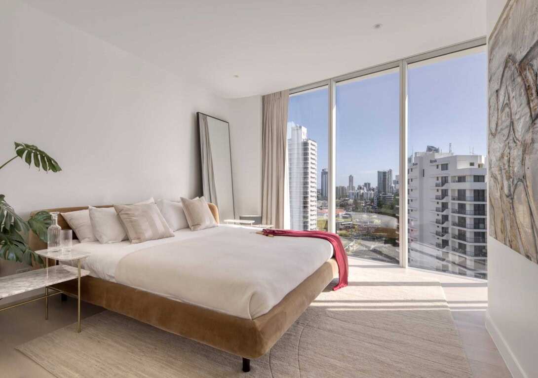 Ligne Roset: Desdemone Bed in Harald Noisette. Credit: Kristen Van Der Beek, Beach House, Broadbeach.