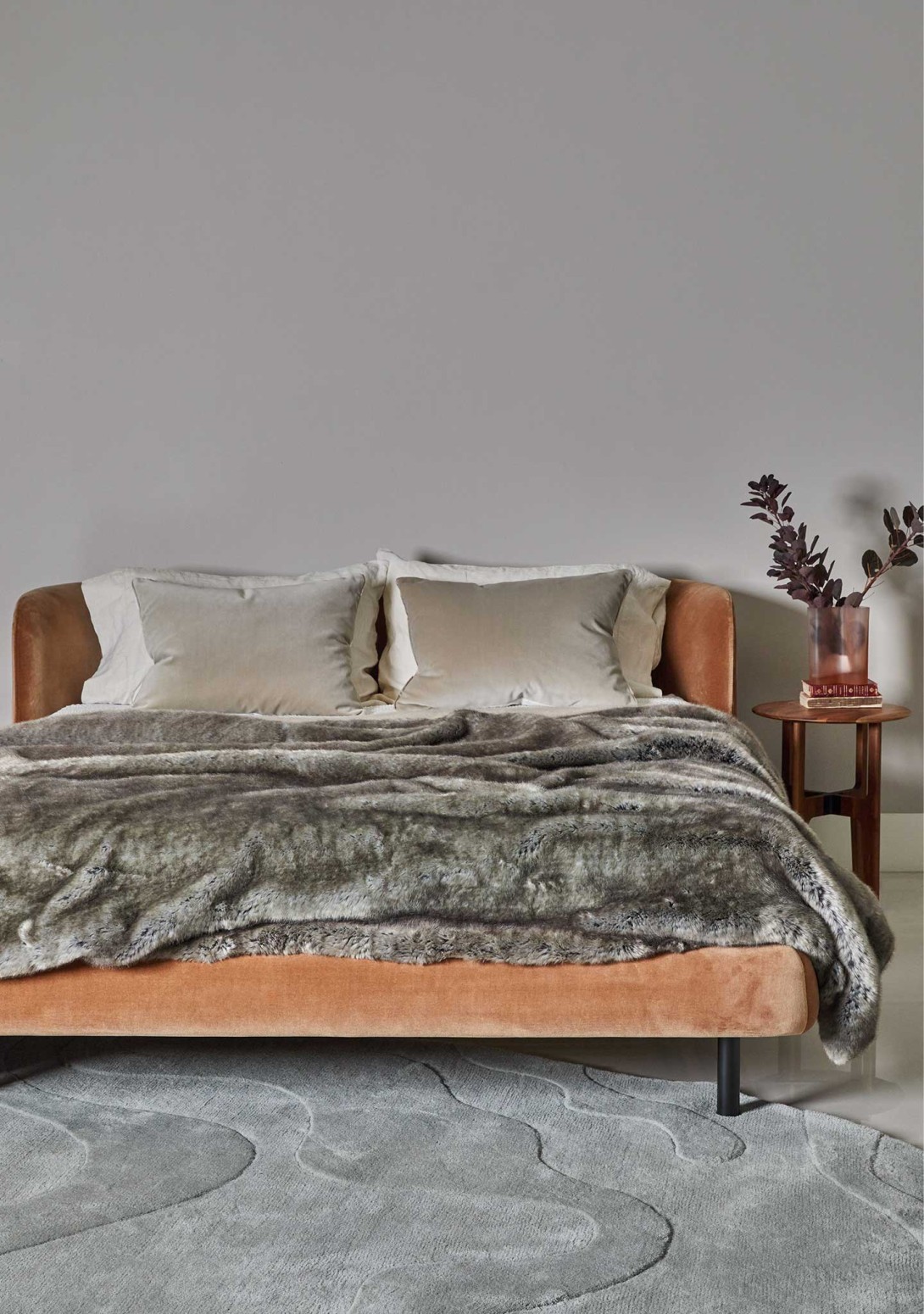 Ligne Roset: Desdemone Bed in Noisette, With Faux Fur in Grey Vanoise