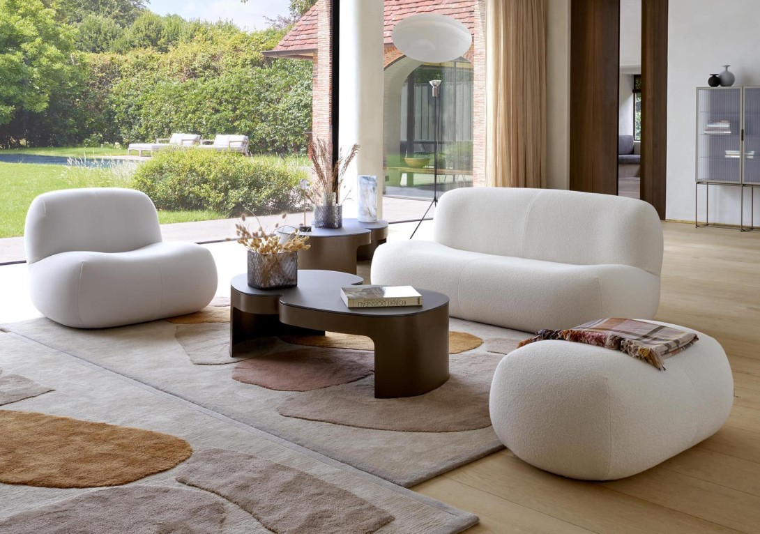 Ligne Roset: Pukka Collection - Sofa, Armchair, Footstool in Capa Ecru and Rug