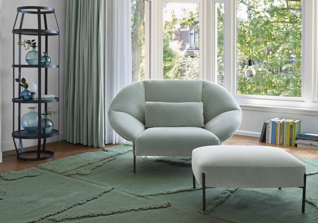 Ligne Roset PaiPai Loveseat and Footstool in Harald Jade