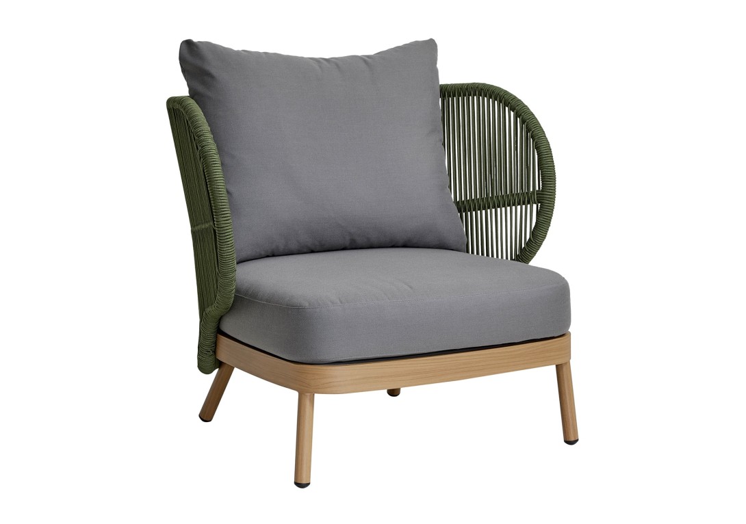 Kun Design Jumbo Lounge Armchair Teak Alu Green Rope Sunbrella Dark Grey Cushion