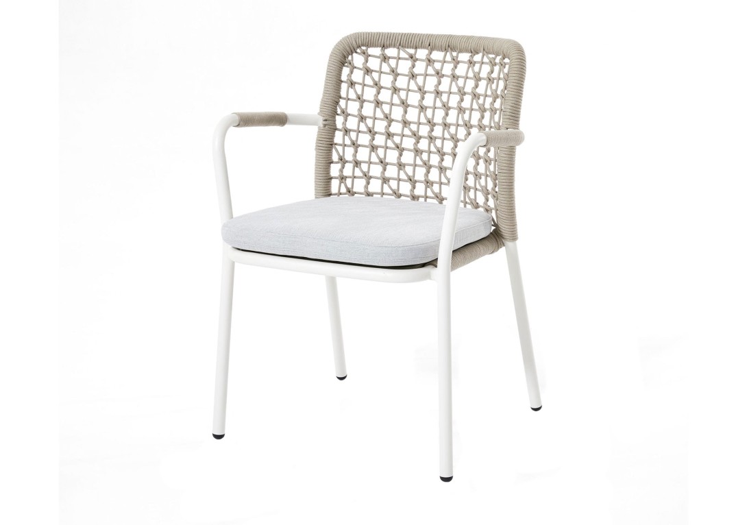KUN Banyan Tree Dining Armchair with White frame, Sand rope and Light Grey fabric