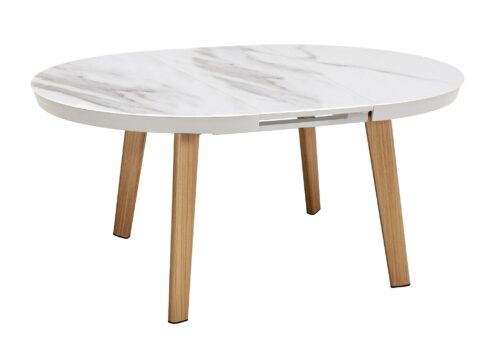 Kun Design Bagel Extended Round Dining Table Teak Calacata Gold Syock