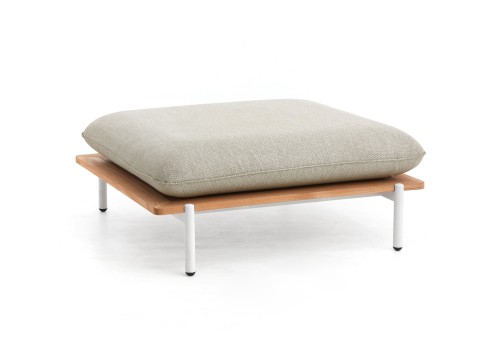 Kun Design Pillow outdoor Footstool: Fontelina 180 fabric, White frame with Teak base Kun Design Pillow outdoor Footstool: Fontelina 180 fabric, White frame with Teak base