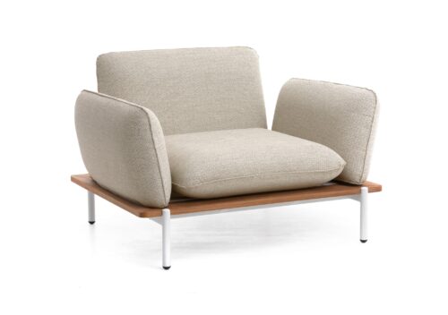 Kun Design Pillow outdoor Lounge Armchair: Fontelina 180 fabric, White frame with Teak base