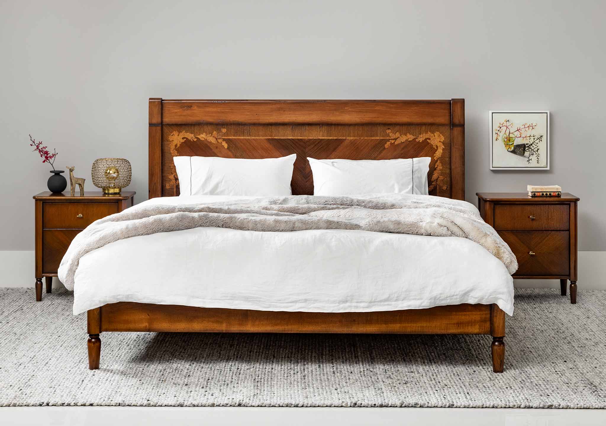 Arte Brotto: Marchetti Pompeii Bedroom Collection in Pierre Chiaro with inlay plus Faux Fur in Champagne