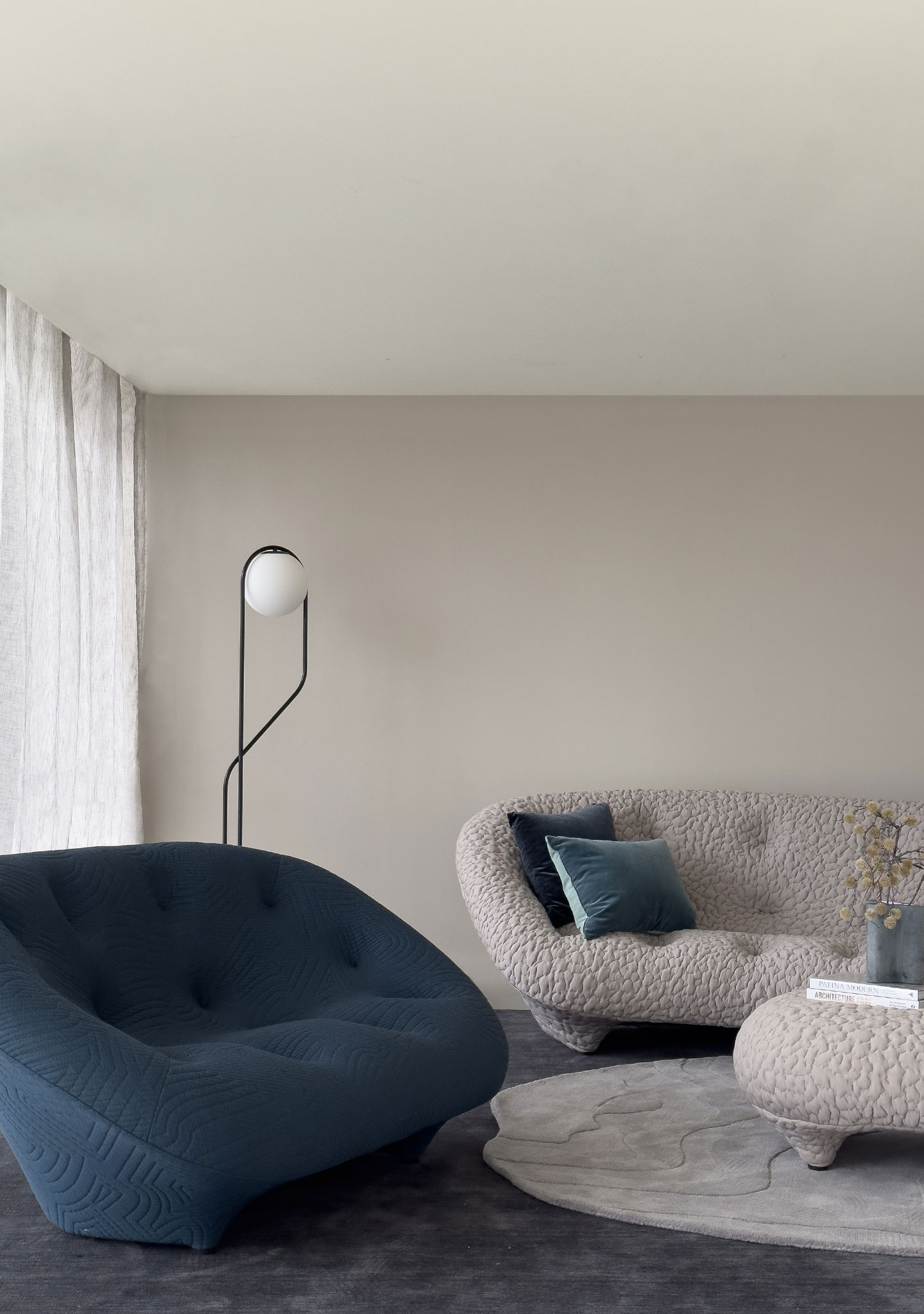 Ligne Roset: Ploum Settee Large and Footstool in Moby Sable. Ploum Settee in Large in Appa Peplum