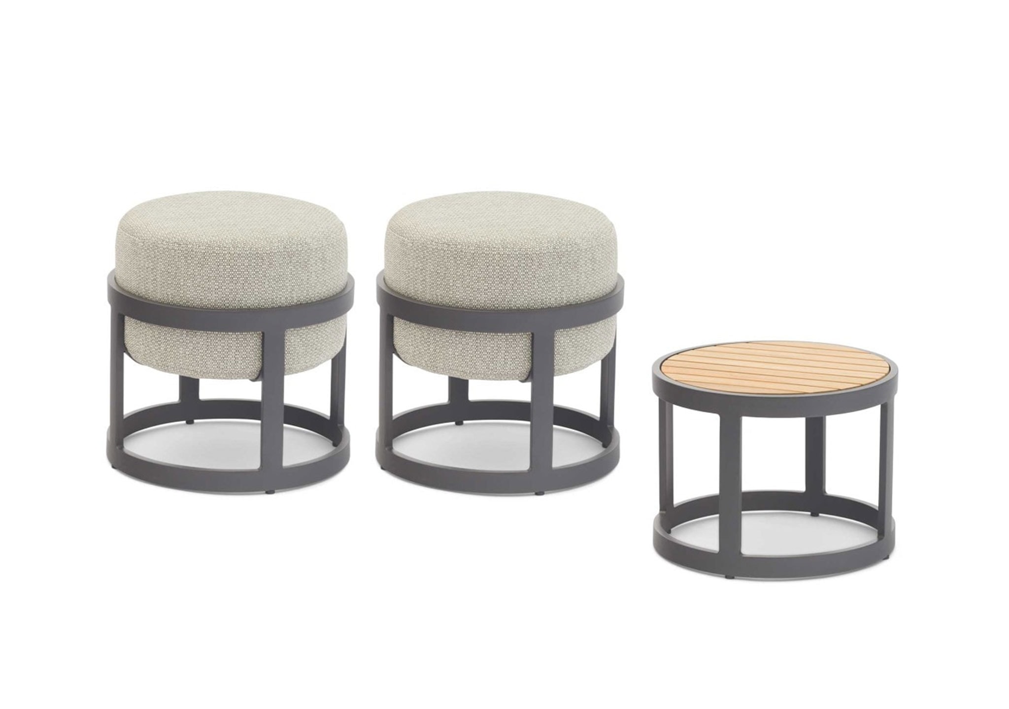 DOMO Home Totem Set - 2 Stools and Coffee Table in Charcoal with Sunproof Frontelia 163 upholstery