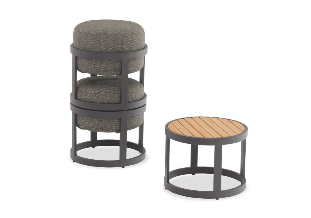 DOMO Home: Totem Set - 2 Stools with Coffee Table in Charcoal with Sunproof Fontelia 164 fabric and Teak table top - custom order
