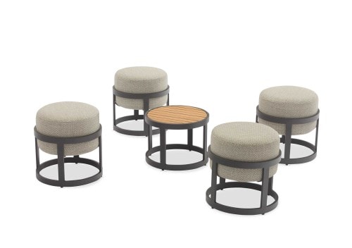DOMO Home Totem Set - 4 Stools with Table in Charcoal with Sunproof Frontelia 163 upholstery and Teak table top