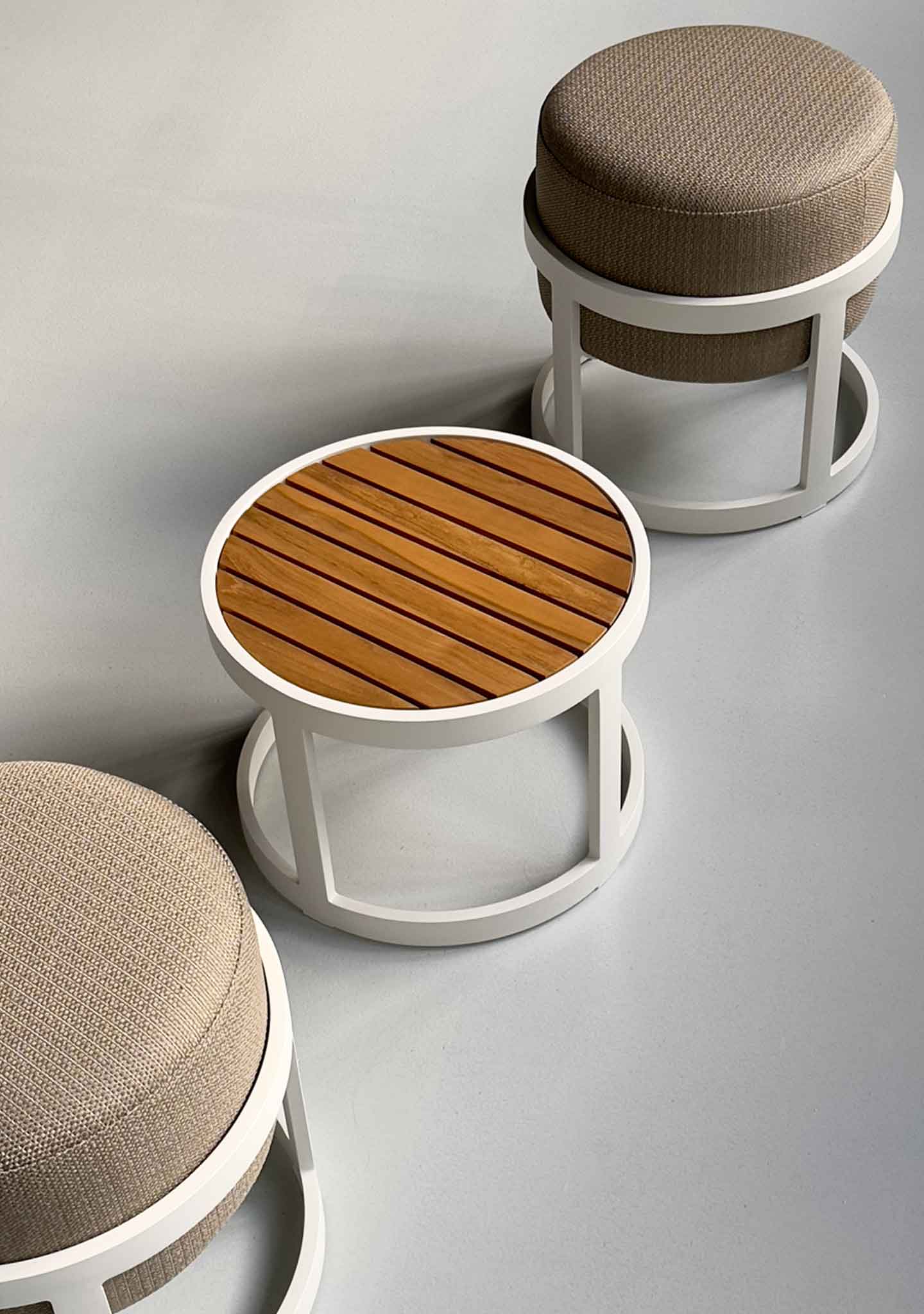 DOMO Home: Totem Set - 2 Stools with Coffee Table in White with Sunproof Fontelia  164 upholstery