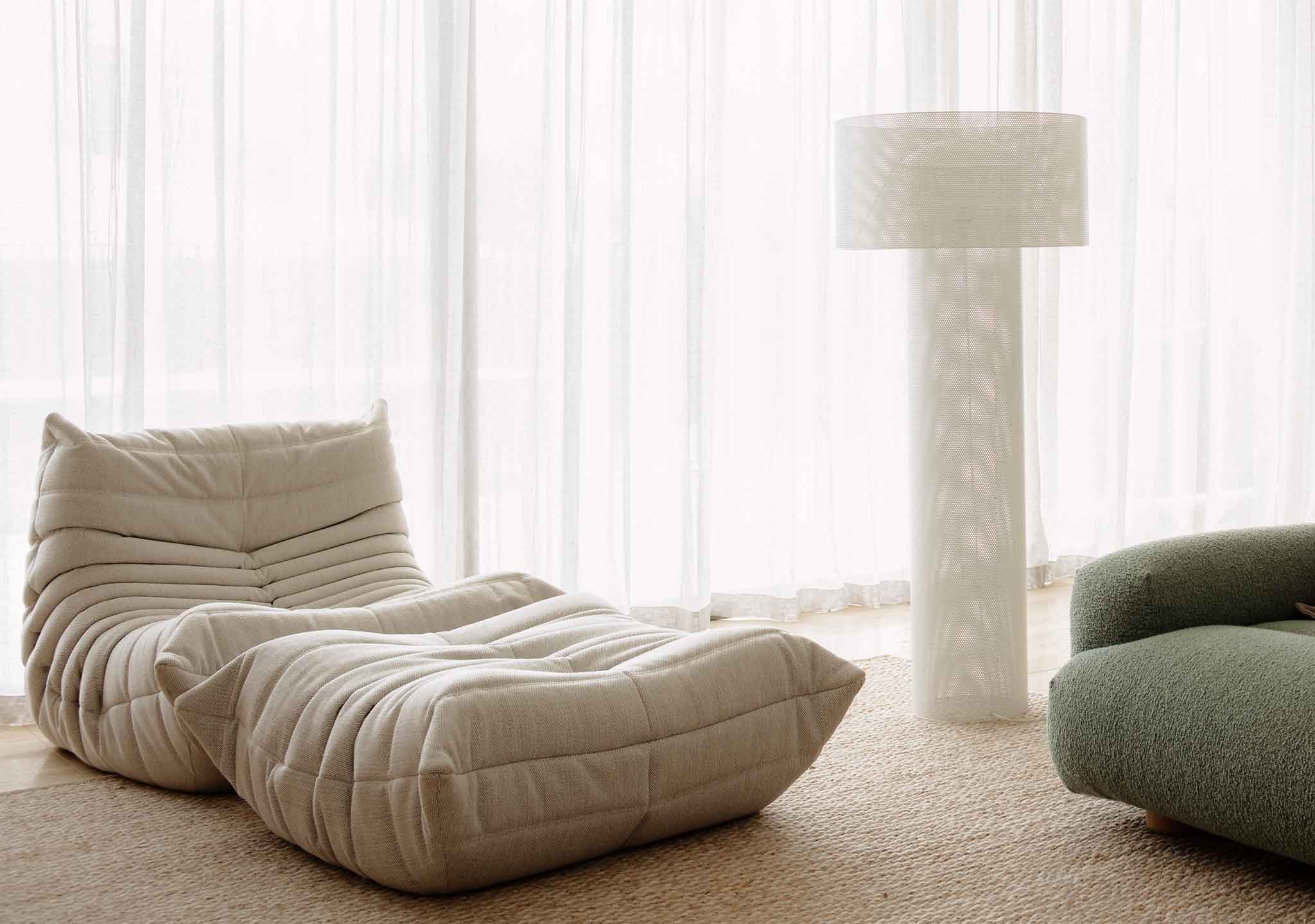 Togo Fireside and Footstool in Dios col Linen Asola Floor Lamp. Dornoch Residence West End. Brock Beazley